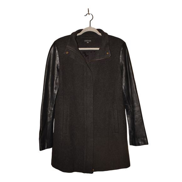 EILEEN FISHER $298 Black‎ Wool Melton Coat Leather Sleeves Zip Front Medium - Picture 1 of 4